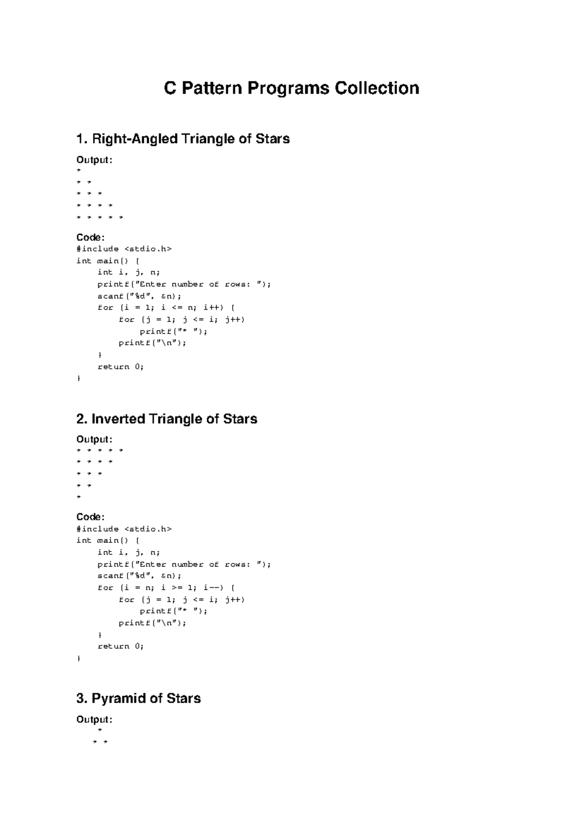 C Pattern Programs Collection 1: Star & Number Patterns - Studocu