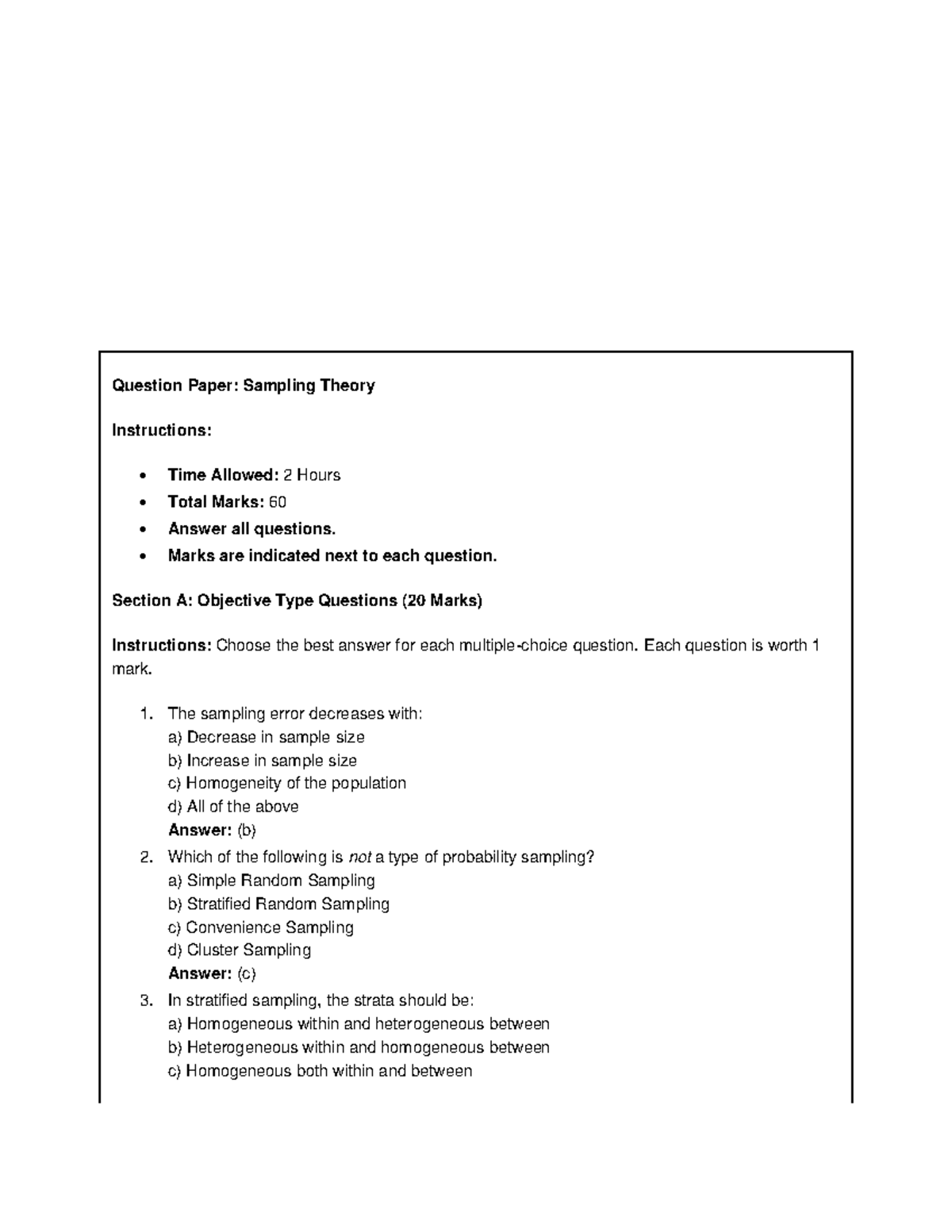 Sampling Theory Practice Questions: Question Paper - Studocu