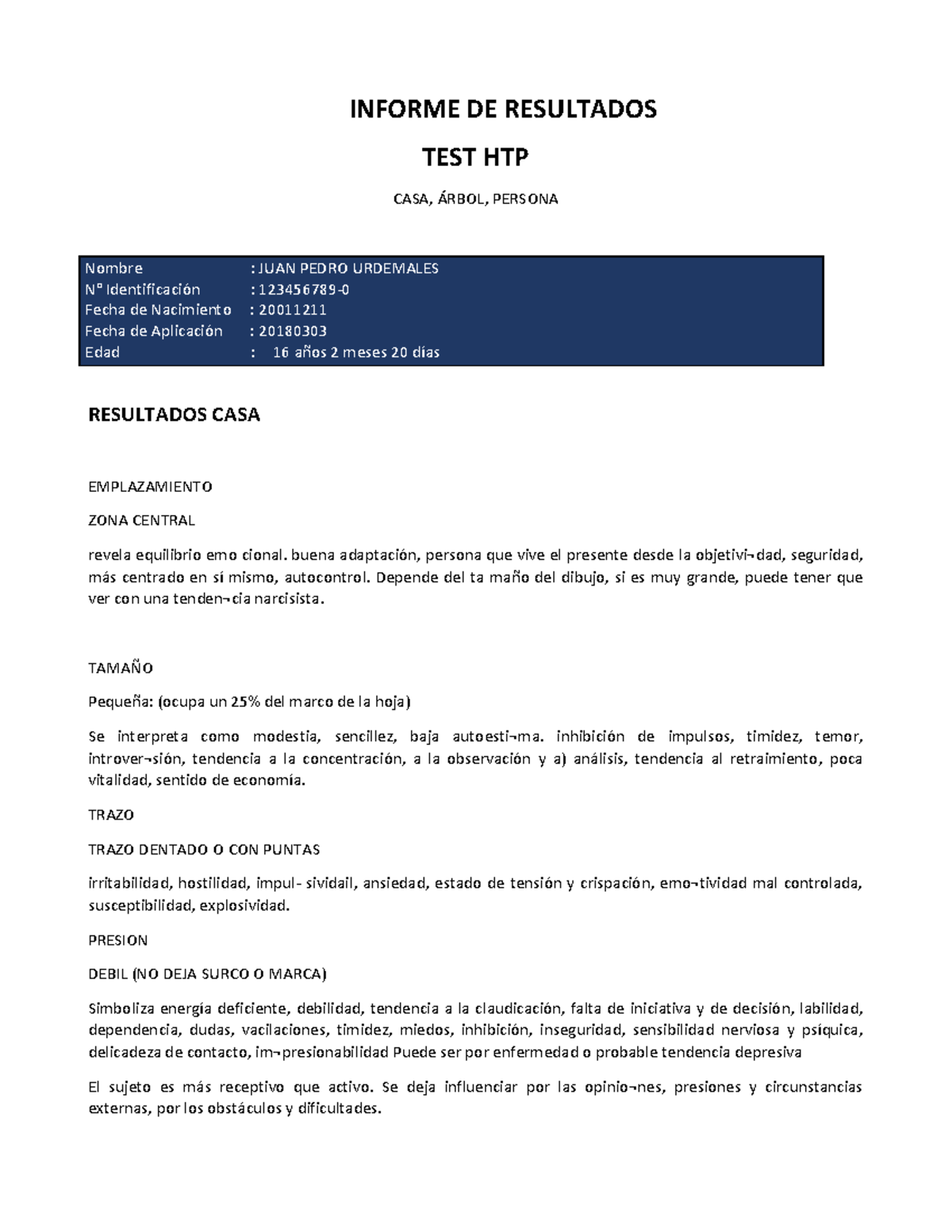 Informe de Resultados del Test HTP: Casa, Árbol y Persona - Studocu