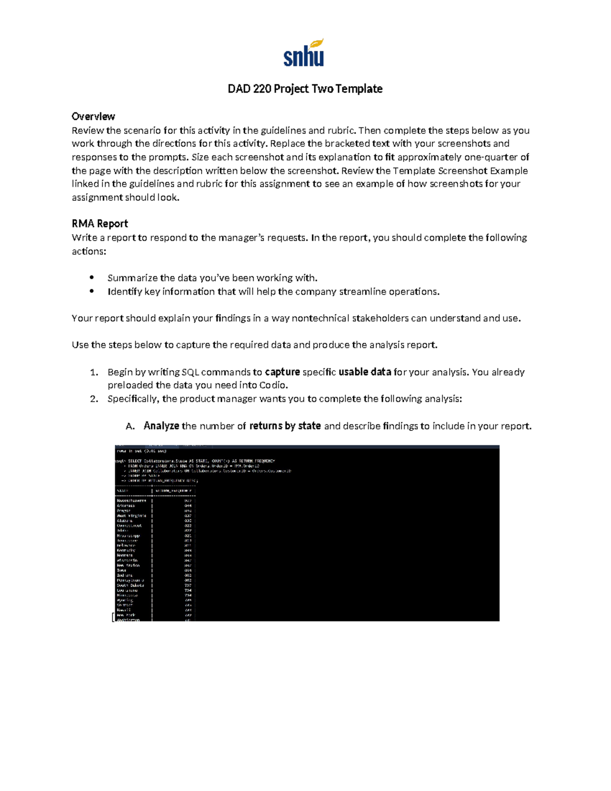 DAD 220 Project Two: RMA Data Analysis and Reporting Template - Studocu