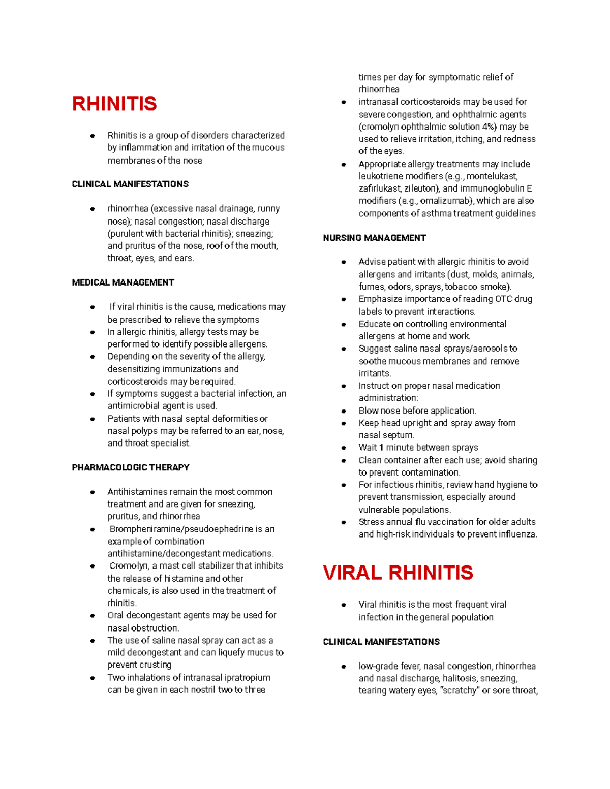 MEDSURG nursing notes - RHINITIS Rhinitis is a group of disorders ...