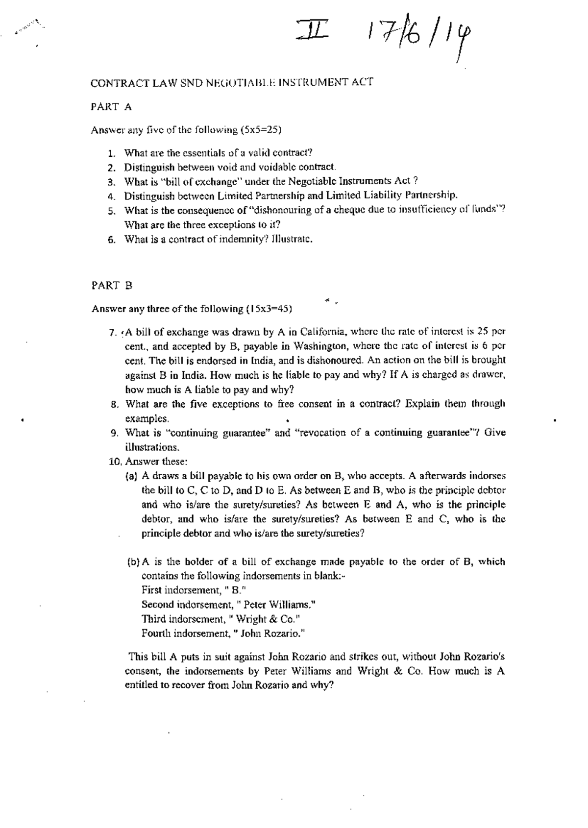 II Contract Law & Negotiable Instruments Act - Part A & B Exam Qs - Studocu
