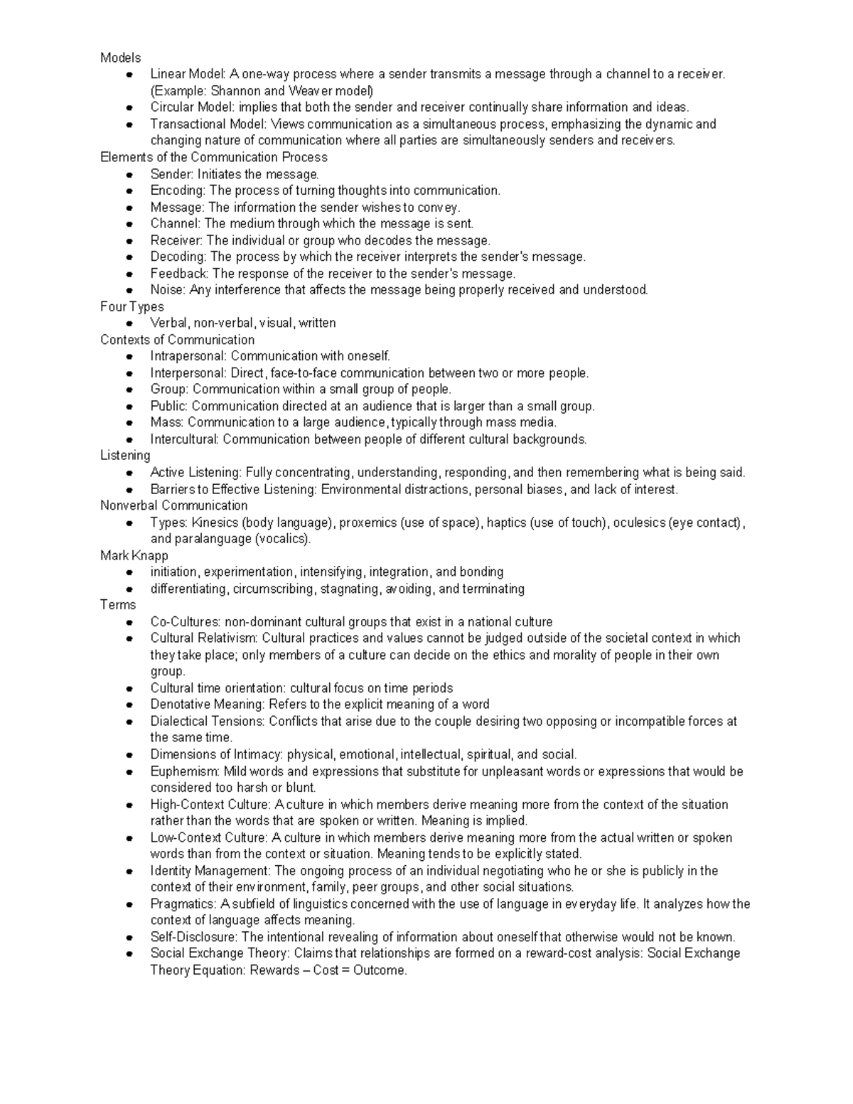COM 100 Note Sheet: Communication Models and Processes Exam 1 - Studocu