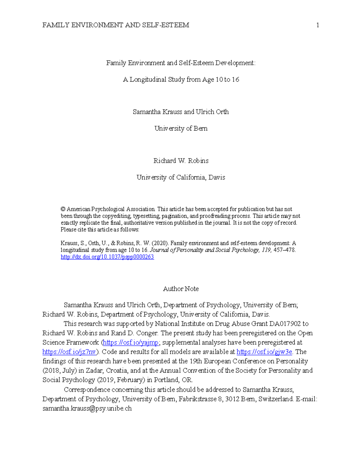 Family Environment & Self-Esteem Development: A Longitudinal Study ...