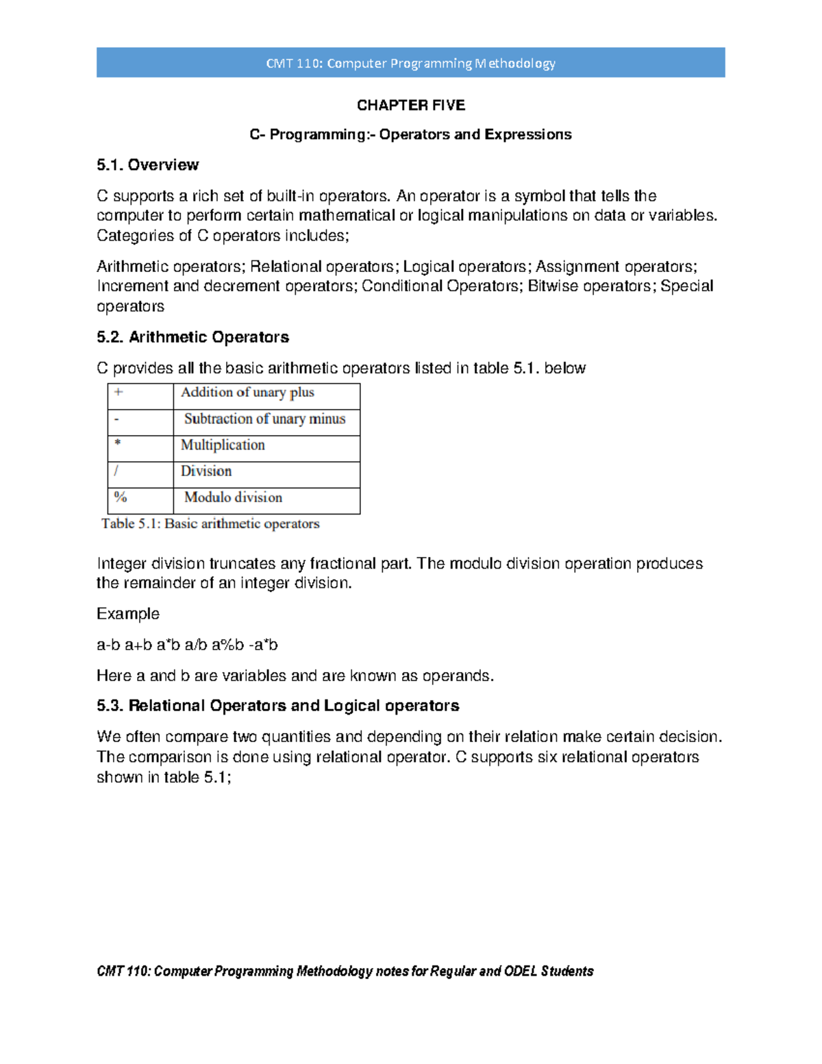 Chapter FIVE - CHAPTER FIVE C- Programming:- Operators and Expressions ...