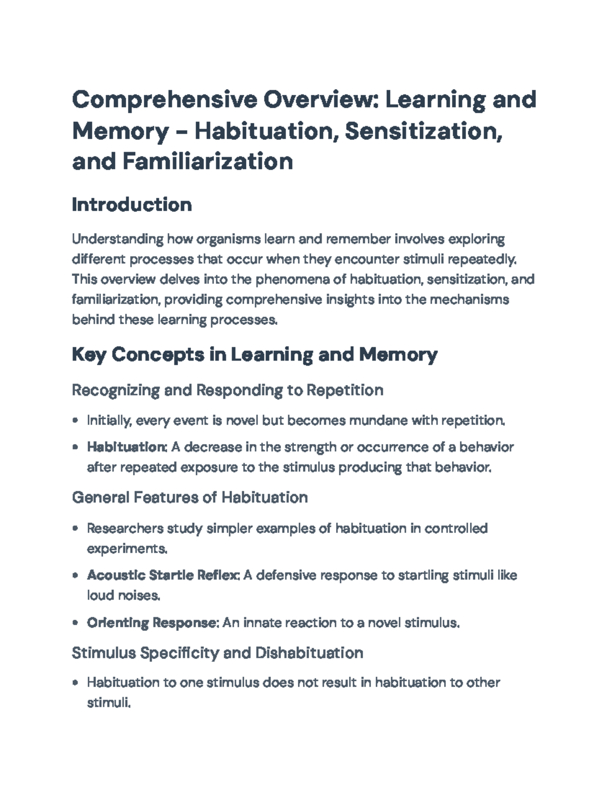 Learning and Memory: Habituation, Sensitization, and Plasticity ...