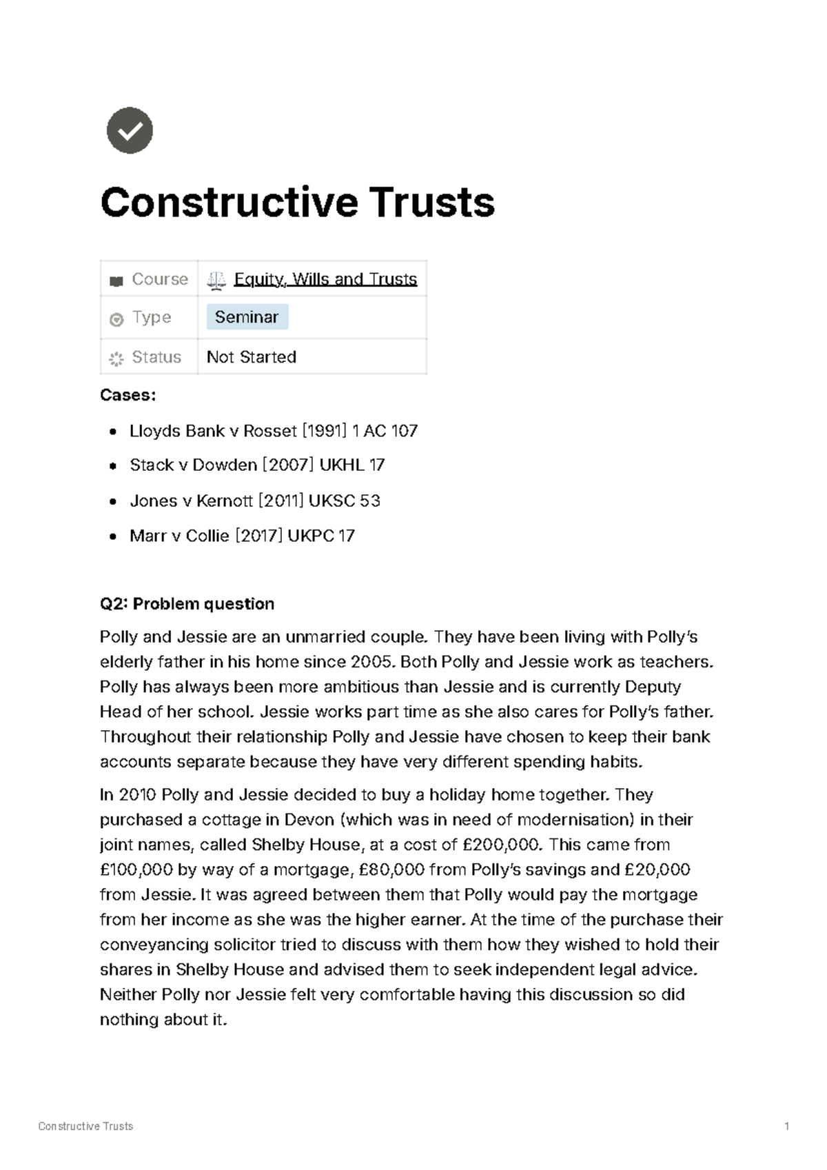 Constructive Trusts Seminar Notes ⚖ Equity, Wills & Trusts - Studocu