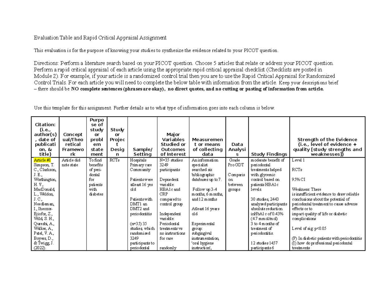 Evaluation Table and Guidelines for Rapid Critical Appraisal - NURS 310 ...