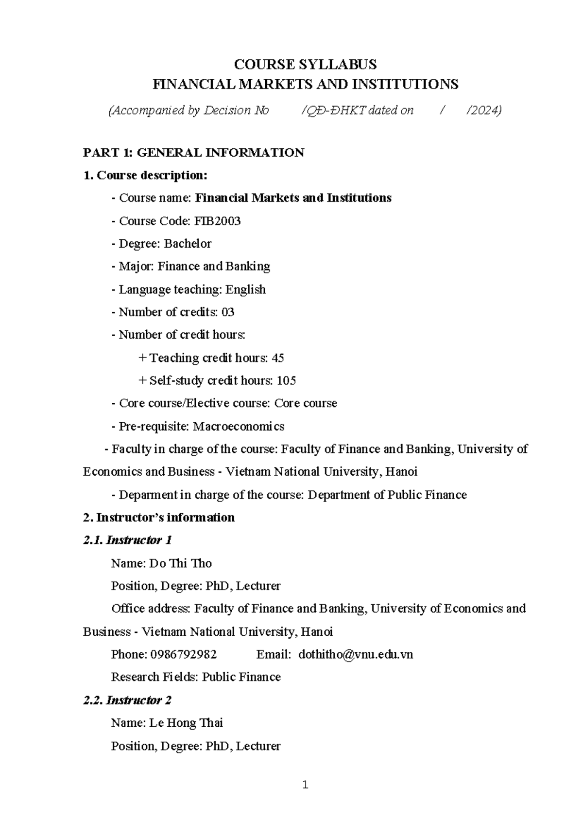 COURSE SYLLABUS: FINANCIAL MARKETS AND INSTITUTIONS (FIB2003) - Studocu