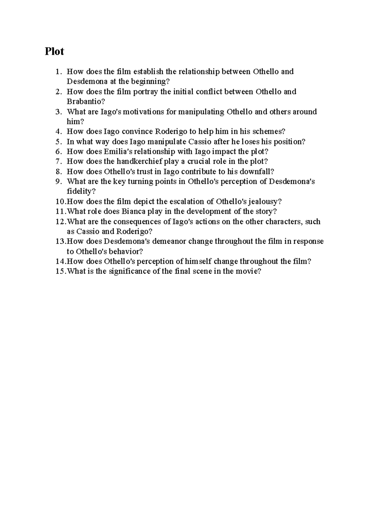 Othello Plot Questions - Exam Prep for General English - Studocu