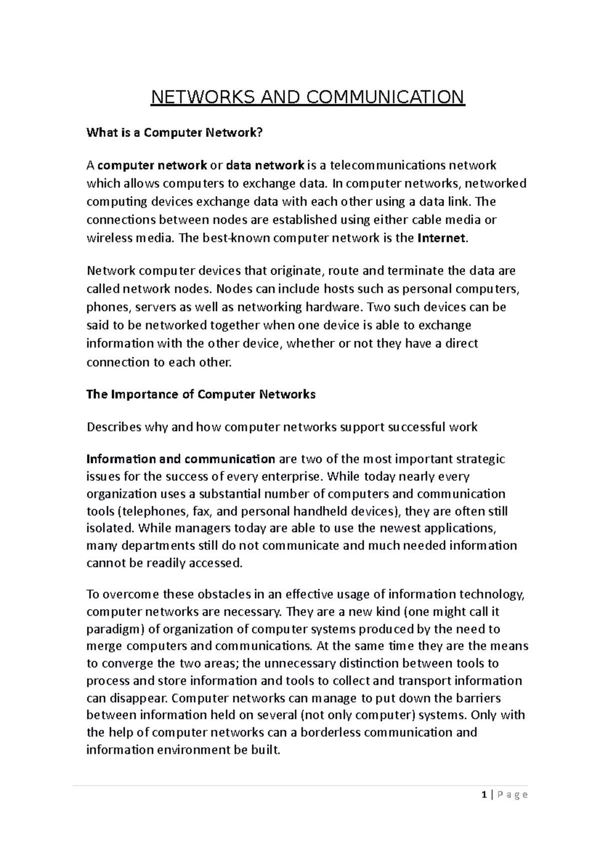 Networks and Communication Notes (CIS 101) - Studocu