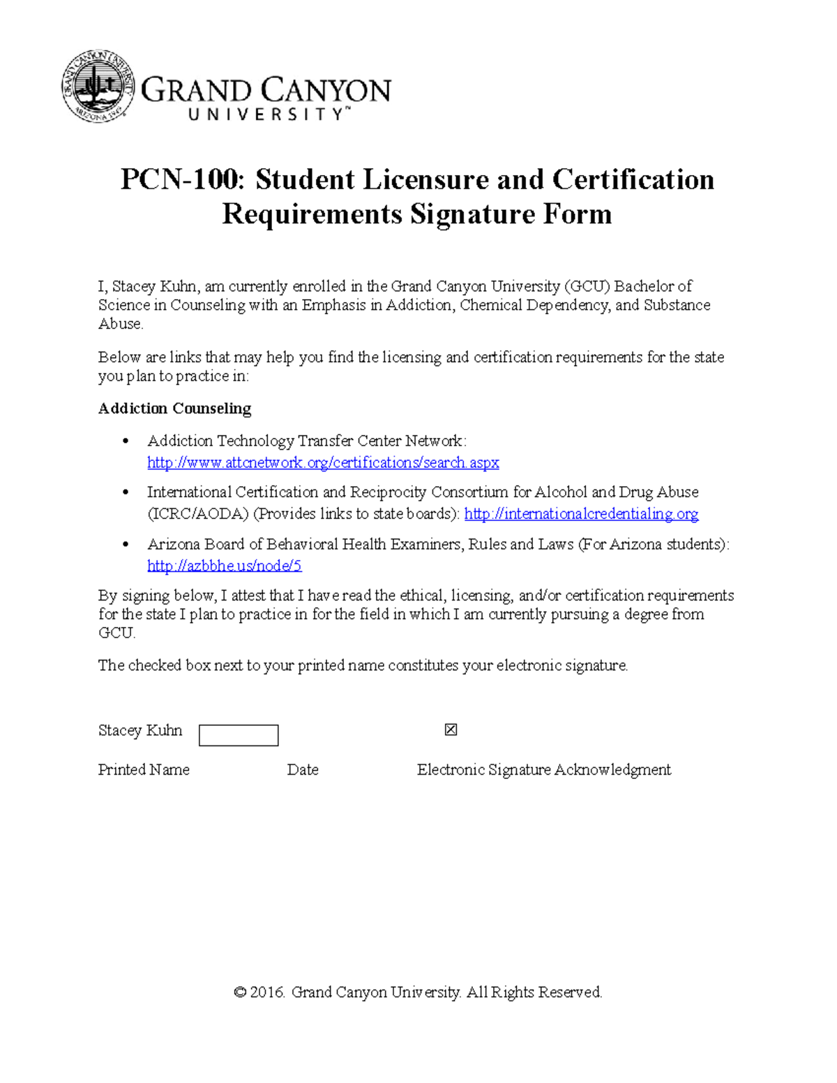 PCN-100: Licensure & Certification Signature Requirements Form - Studocu