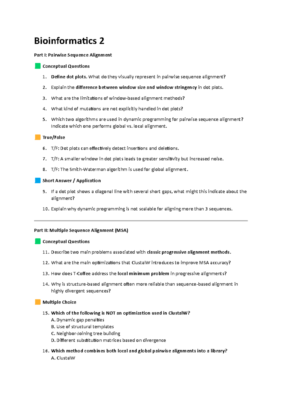 Bioinformatics 2: Pairwise & Multiple Sequence Alignment Q&A - Studocu