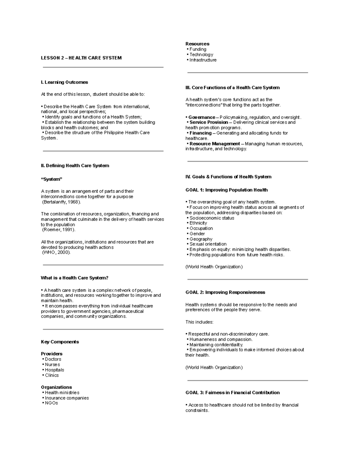 LESSON 2: HEALTH CARE SYSTEM Infrastructure and Core Functions - Studocu