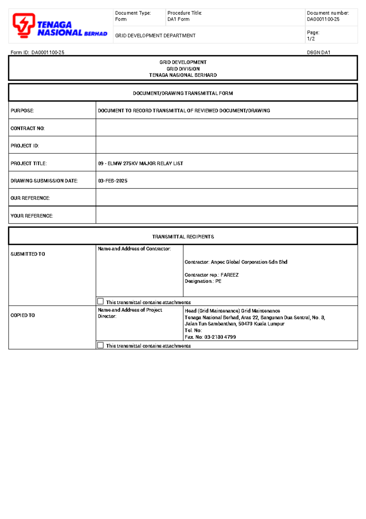 DA1 Form: Major Relay List Submission for PMU ELMINA WEST Project - Studocu
