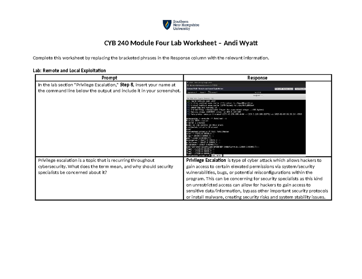 CYB 240 Module 4 Lab Worksheet: Privilege Escalation & PHP Mitigation ...