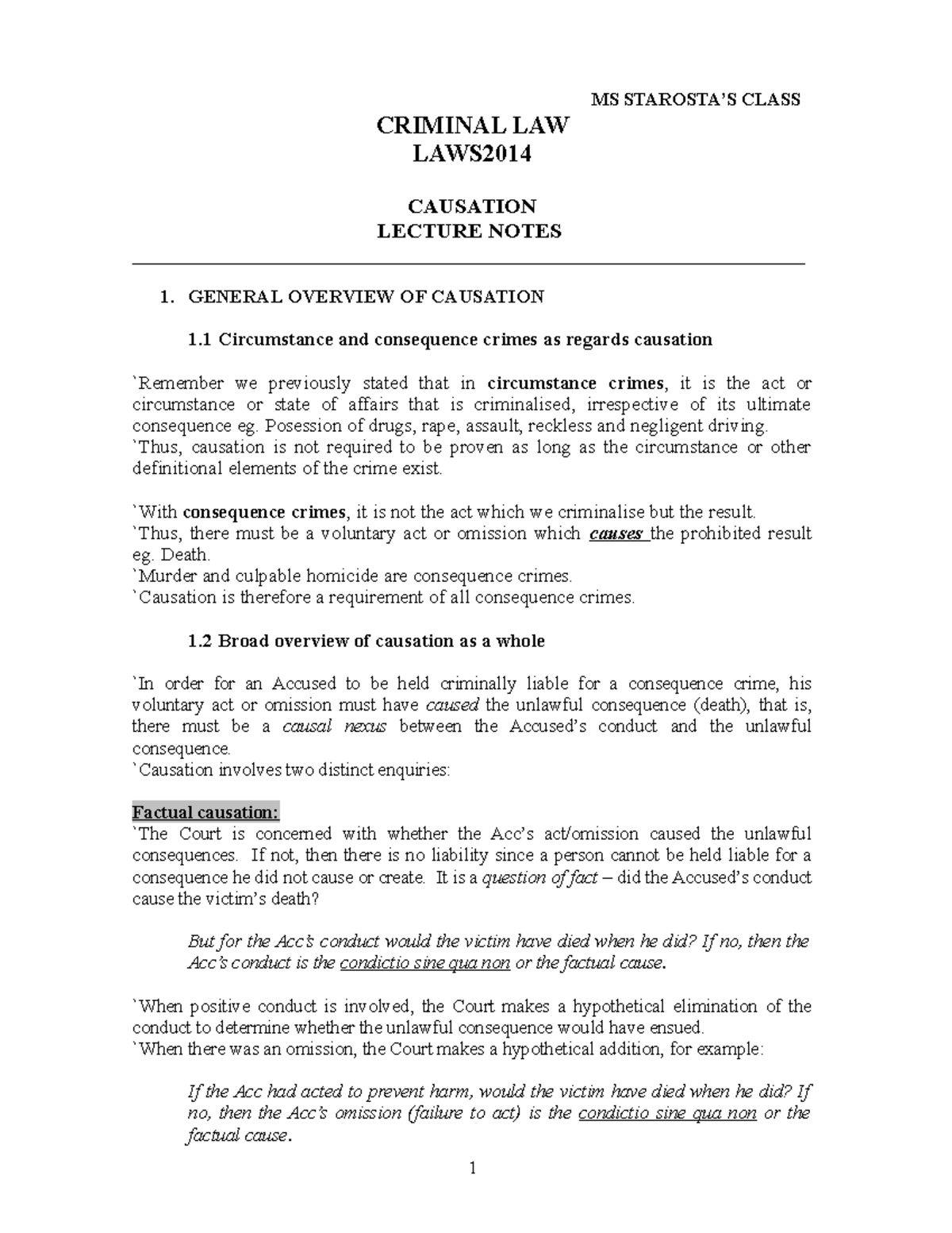 Criminal Law LAWS Causation Lecture Notes and Overview - Studocu