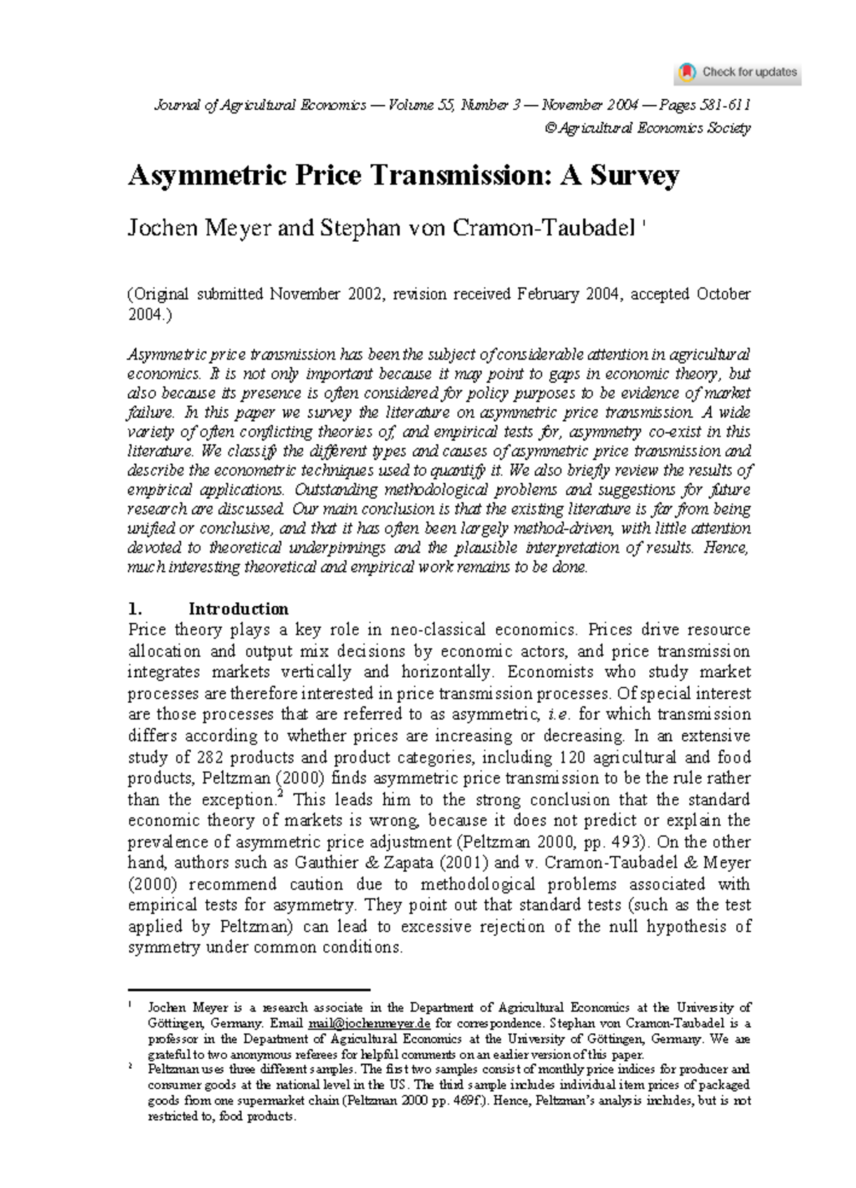Asymmetric Price Transmission in Agricultural Economics: A Survey (JAE ...