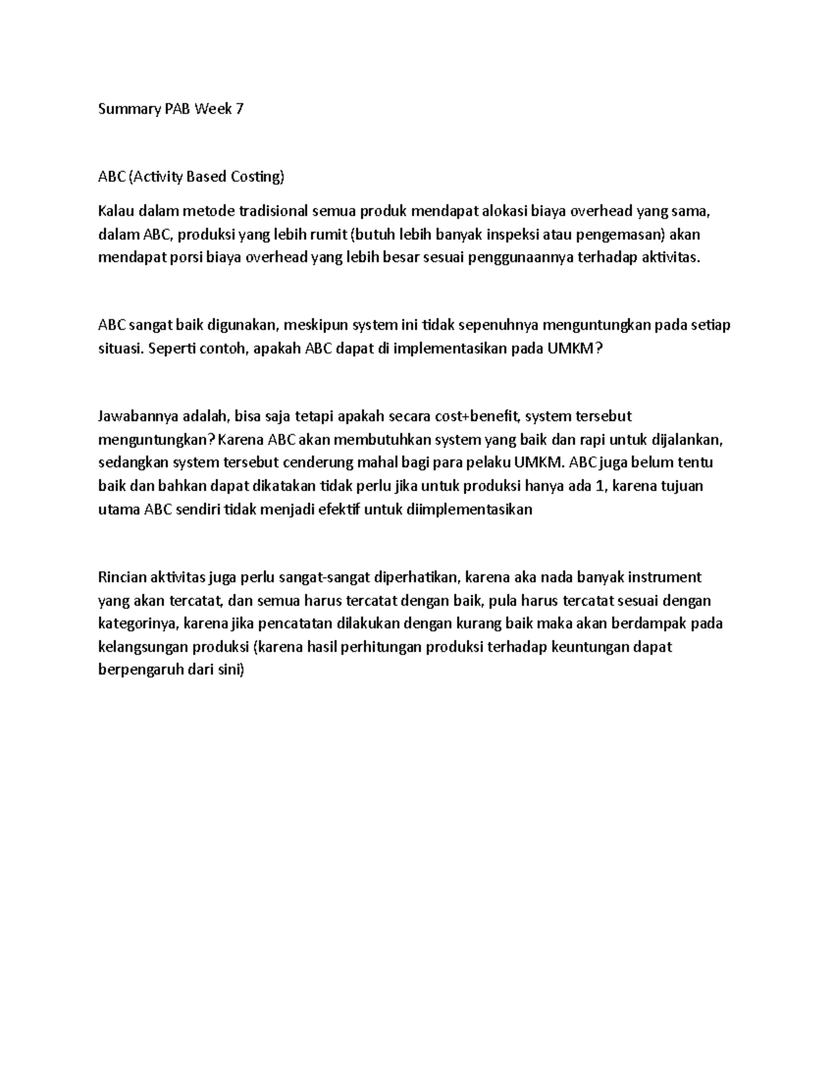 Summary PAB Week 7: Activity Based Costing Insights - Studocu