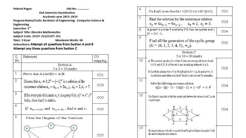 Discrete Mathematics (CSE 3rd Sem) End Sem Exam PYQ 2023-24 - Studocu