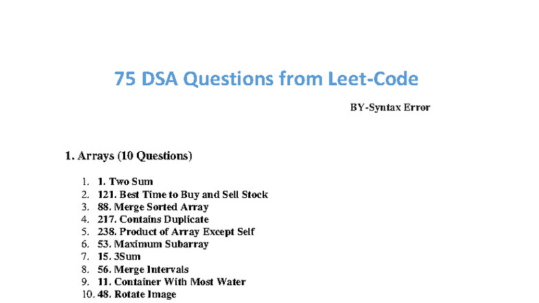 75 DSA Questions in Java: Arrays, Strings, and More - Studocu