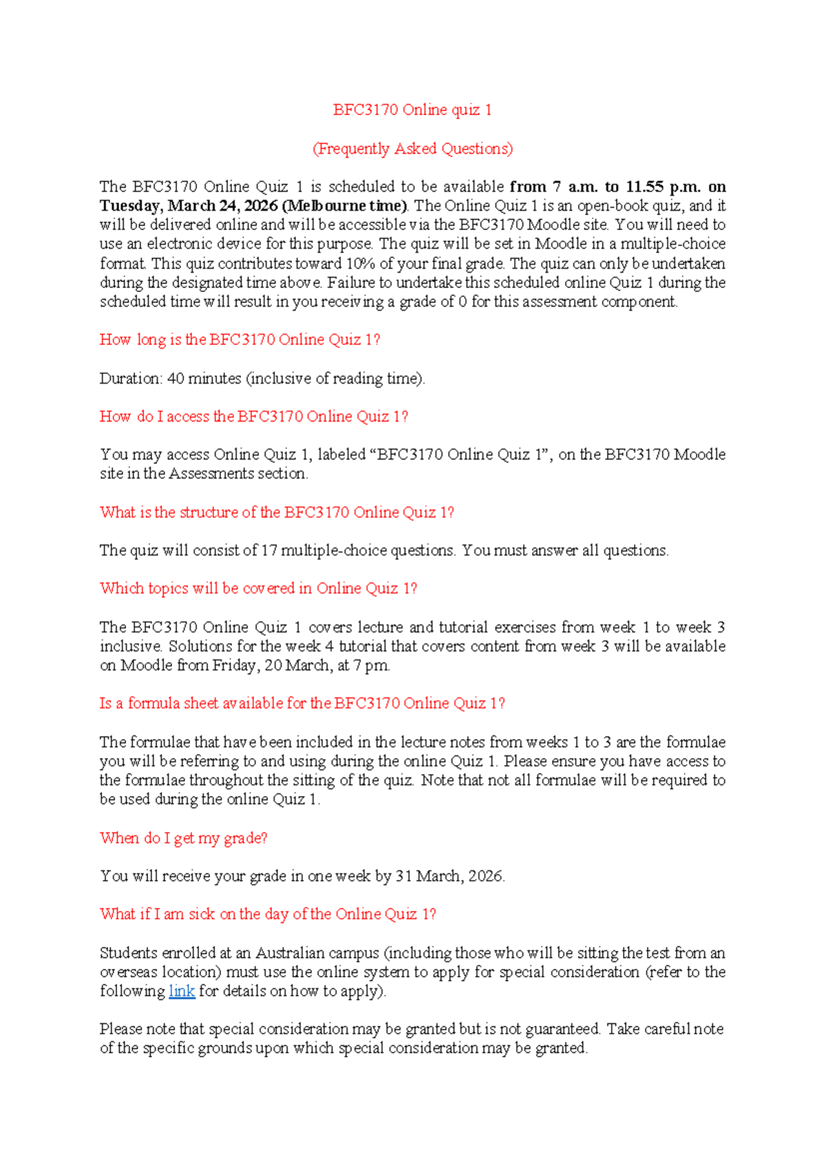 BFC3170 Online Quiz 1 - Important FAQs and Guidelines - Studocu