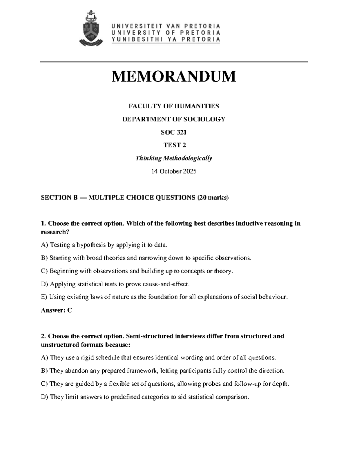 SOC 321 Test 2 Memorandum: Methodological Insights and MCQs - Studocu