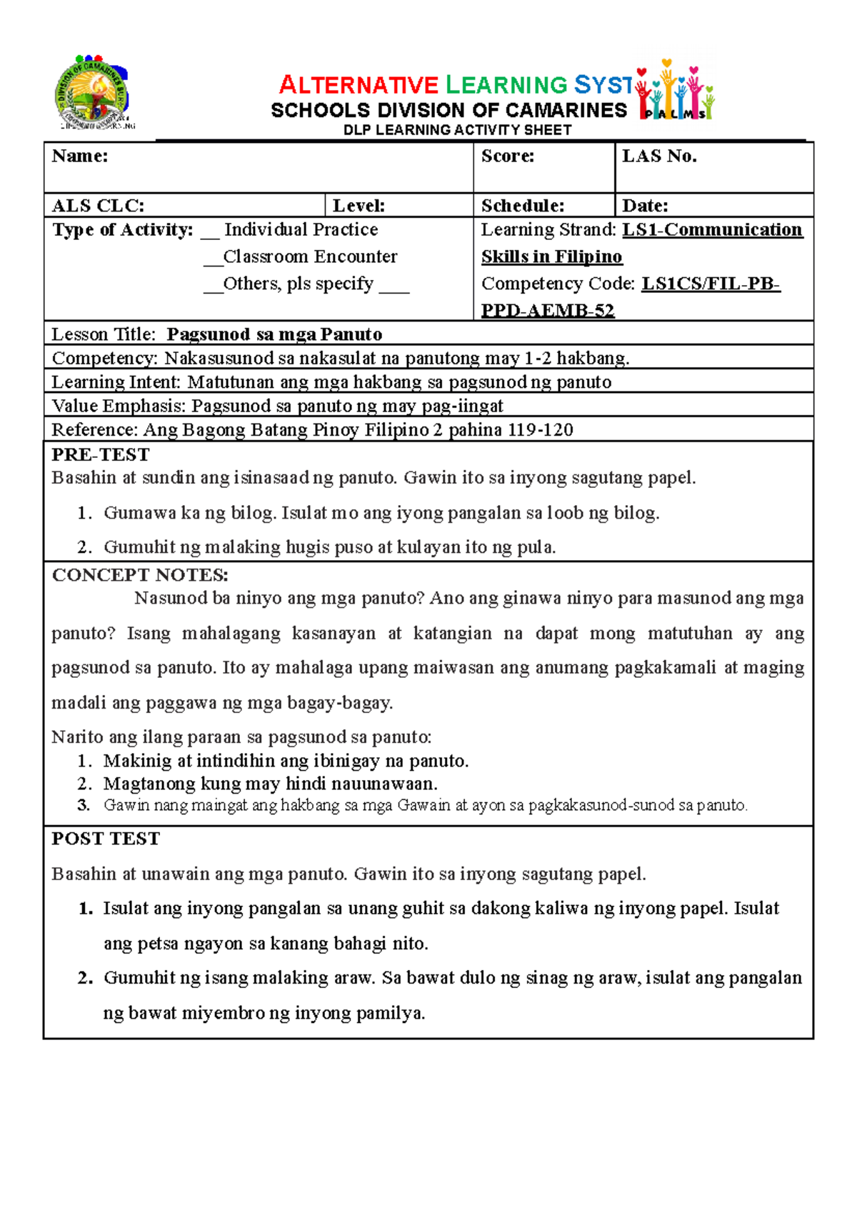 LAS LS1 Pagsunod sa mga Panuto - Learning Activity Sheet - Studocu
