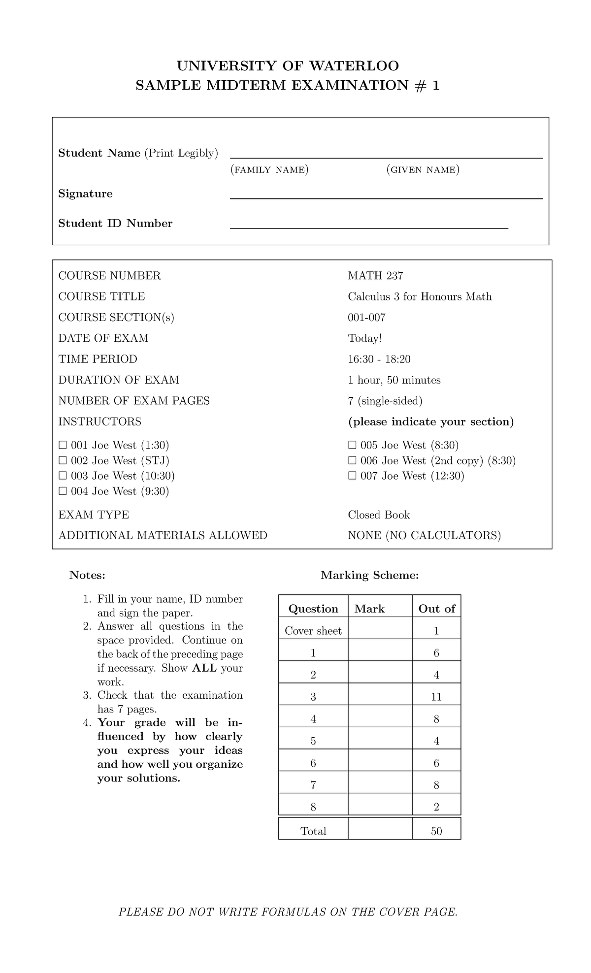 Sample mid 1 - UNIVERSITY OF WATERLOO SAMPLE MIDTERM EXAMINATION # 1 ...