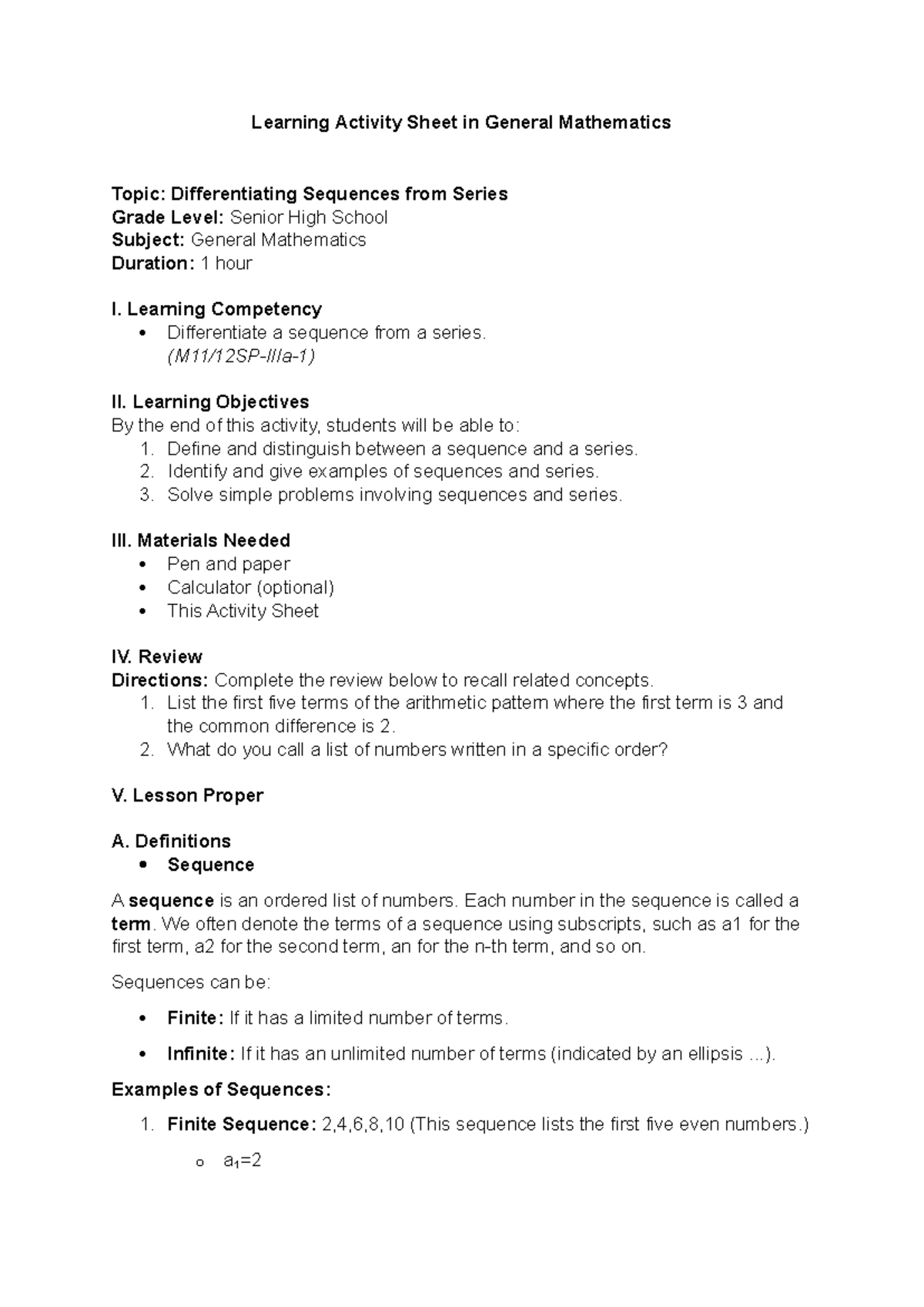 General Mathematics Activity Sheet: Differentiating Sequences & Series ...