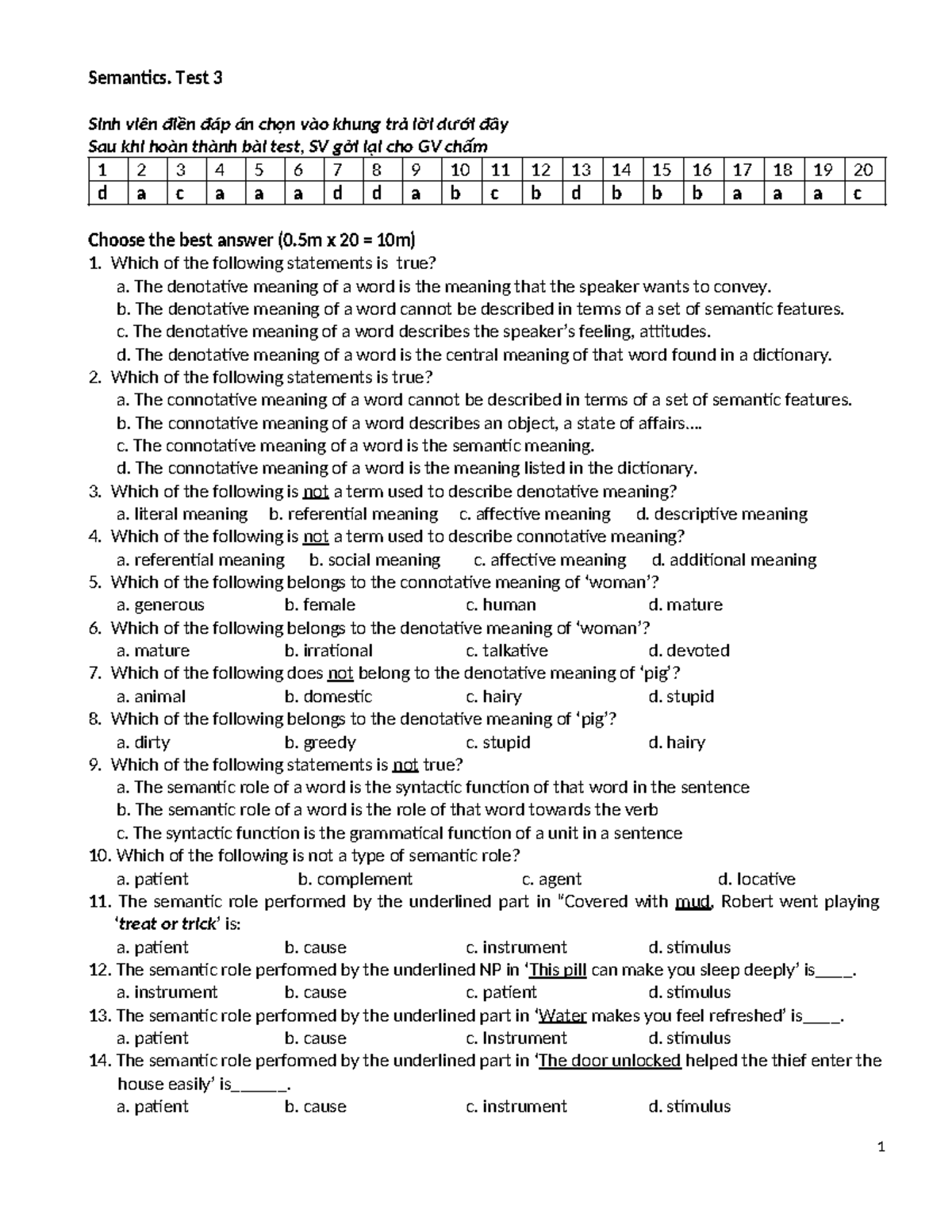 Semantics Test 3: Answer Key and Questions - Studocu