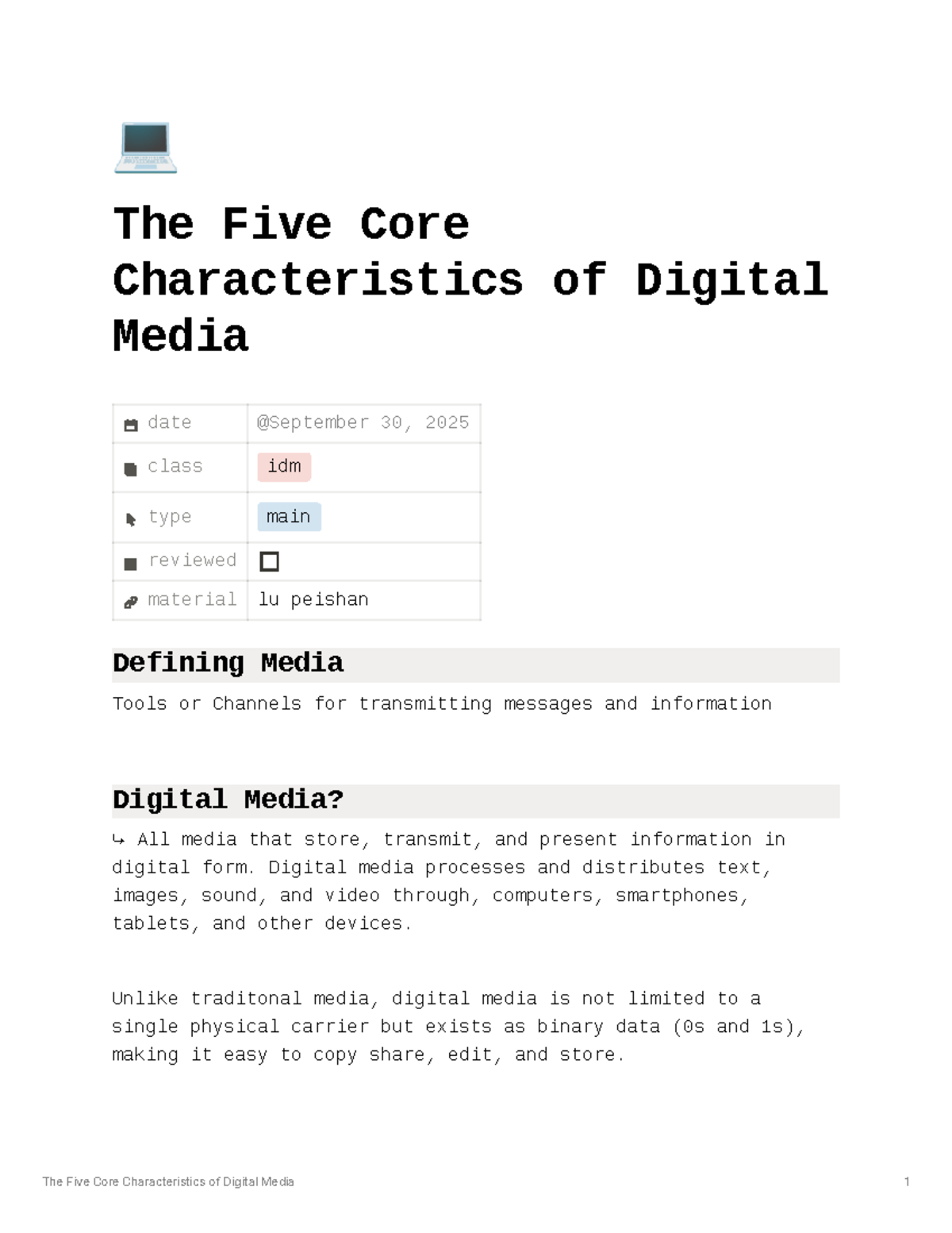 The Five Core Characteristics of Digital Media - IDM Class Notes - Studocu