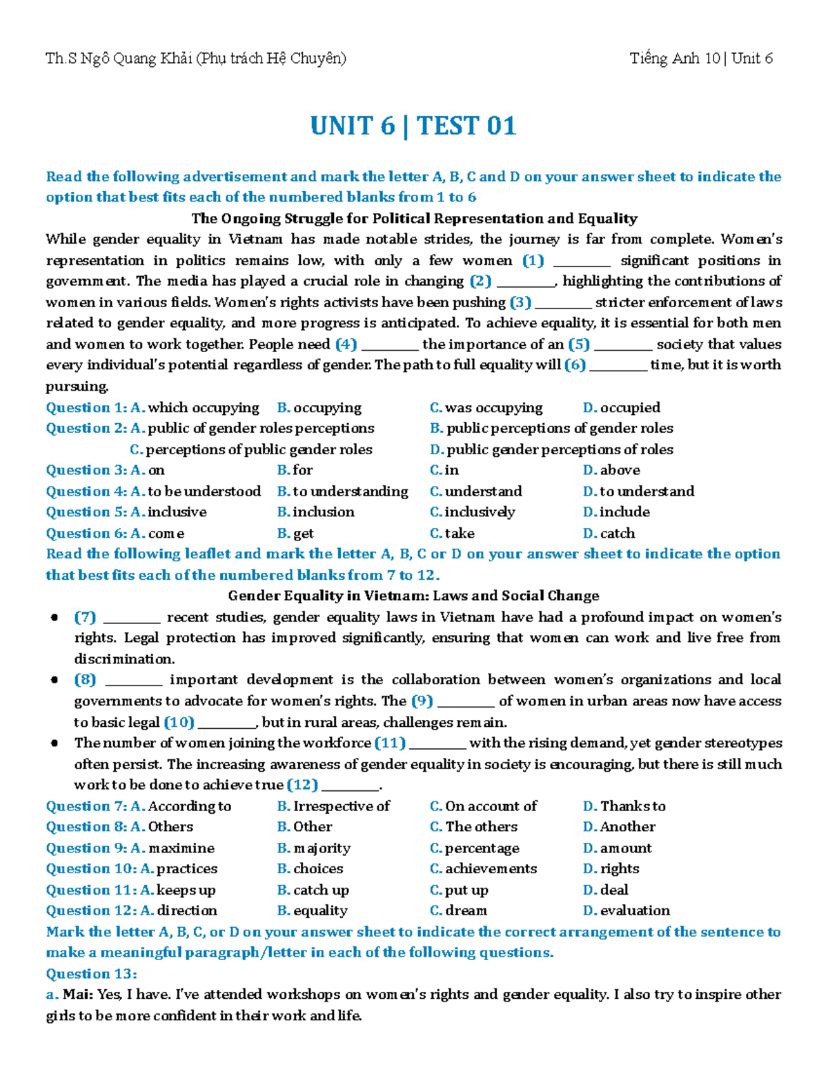 TỜ SỐ 24 UNIT 6 TEST 01: Gender Equality Insights and Questions - Studocu