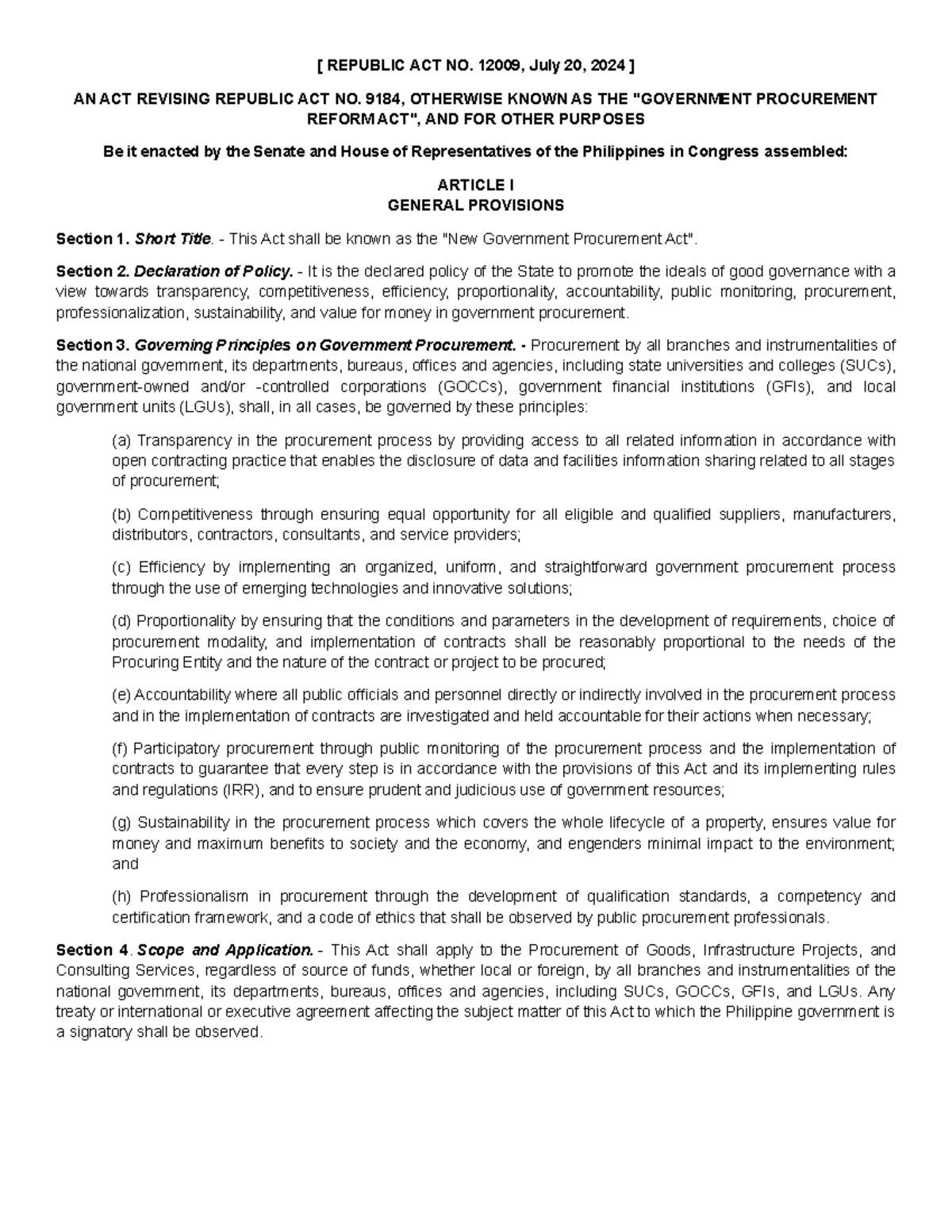 Republic Act No. 12009: Revising Procurement Reform Act - Studocu