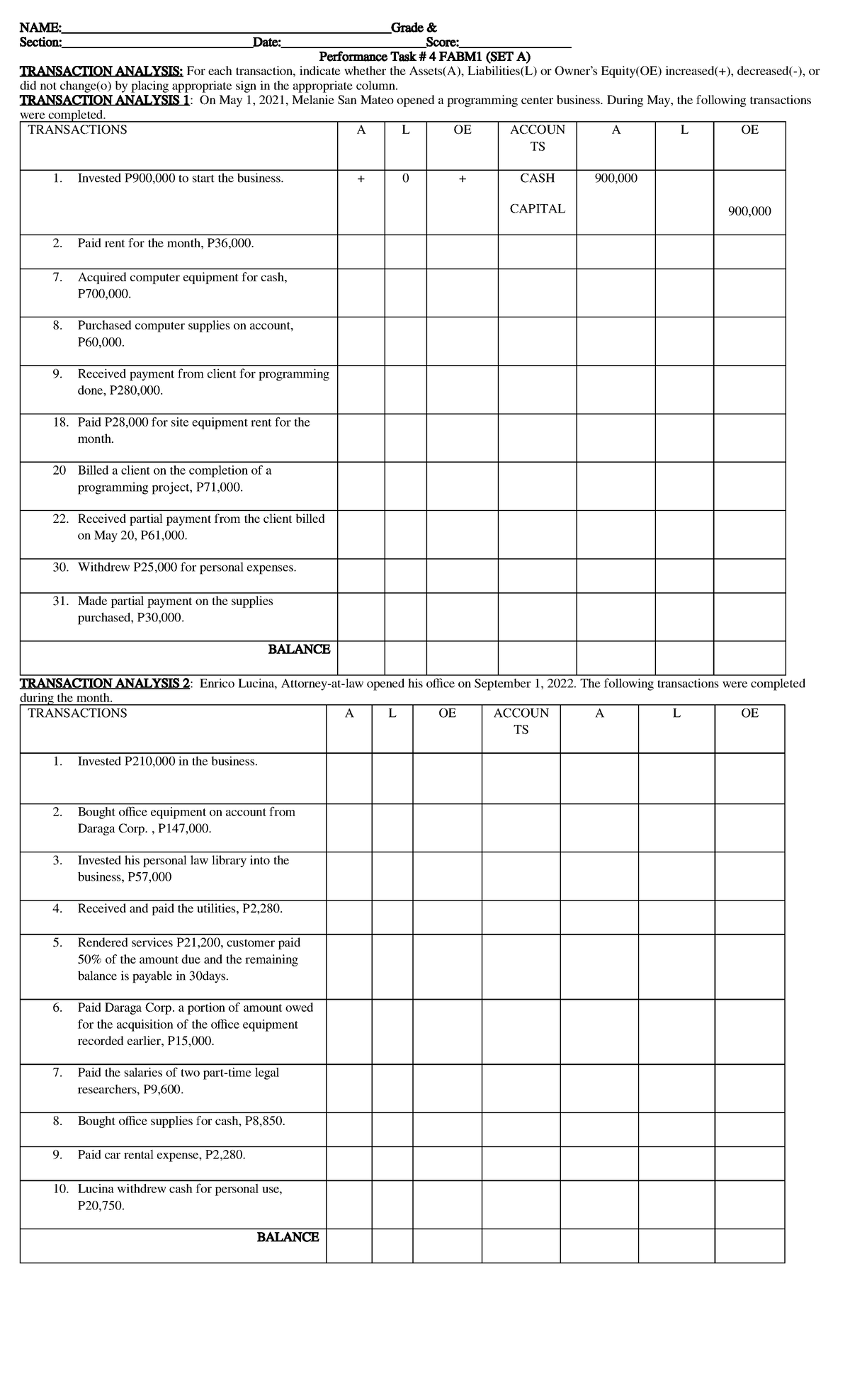 Performance Task 4 FABM1 (SET A) Transaction Analysis Guide - Studocu