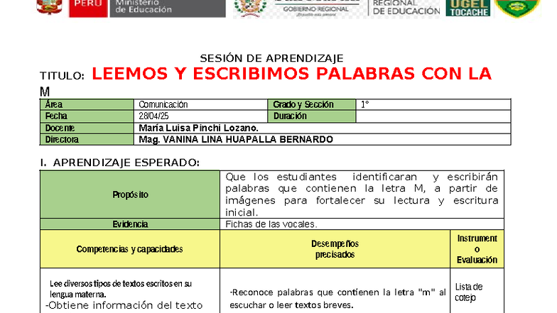 Leemos y Escribimos Palabras con la Letra M - Primer Grado SESIÓN - Studocu