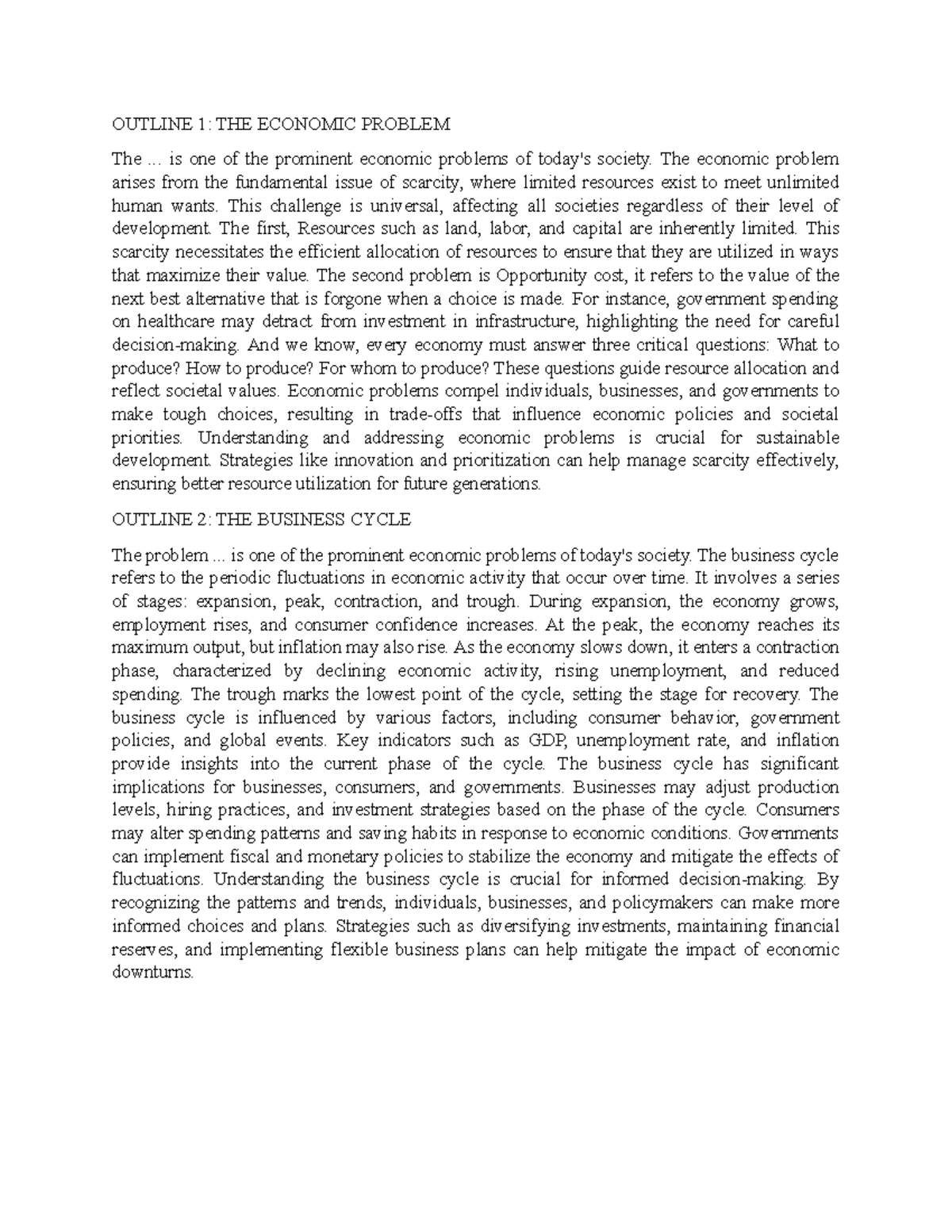 ECON 101: Outline of Key Economic Problems and Concepts - Studocu