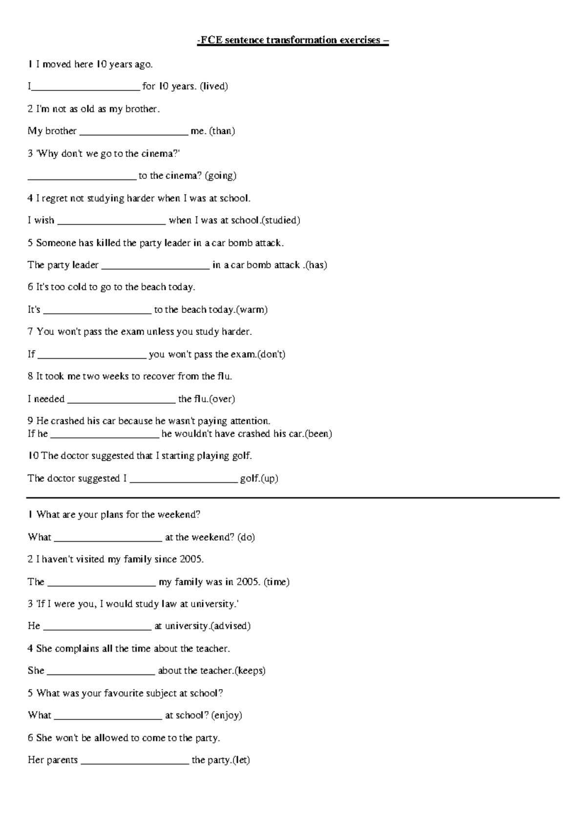 211185217 FCE Sentence Transformation Exercises: Practice & Solutions ...