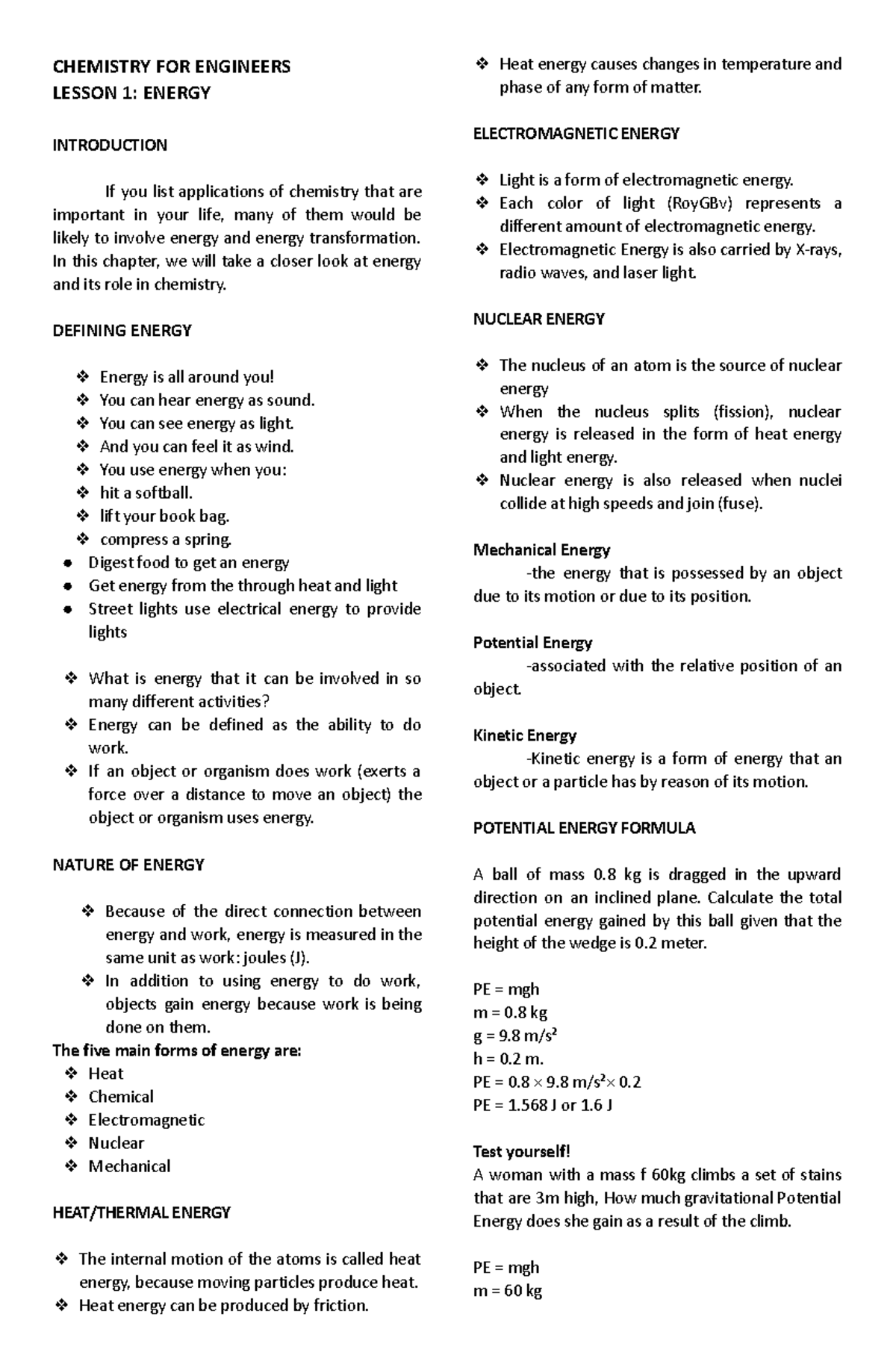 Chemistry for Engineers: Lesson 1 - Understanding Energy Concepts - Document Preview