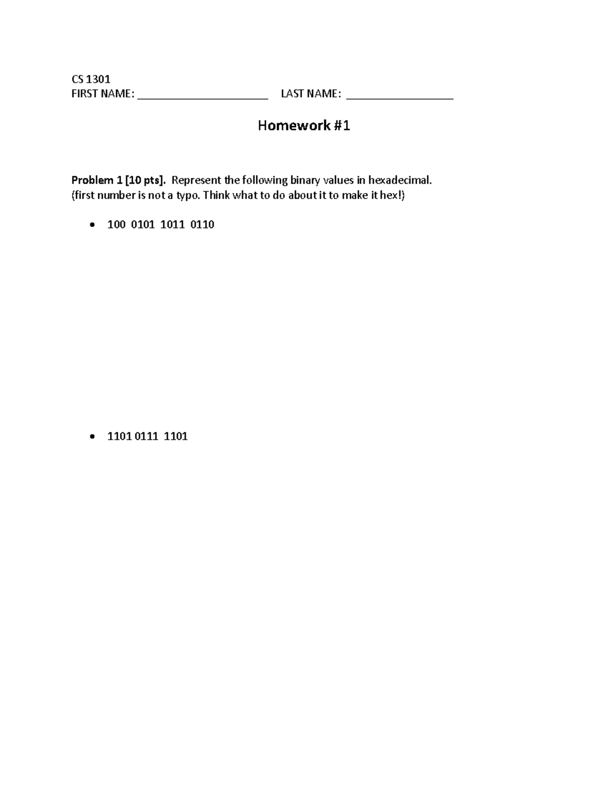 CS 1301 HW#1 Fall 2021 - Binary, Hex, and Boolean Problem Set - Studocu