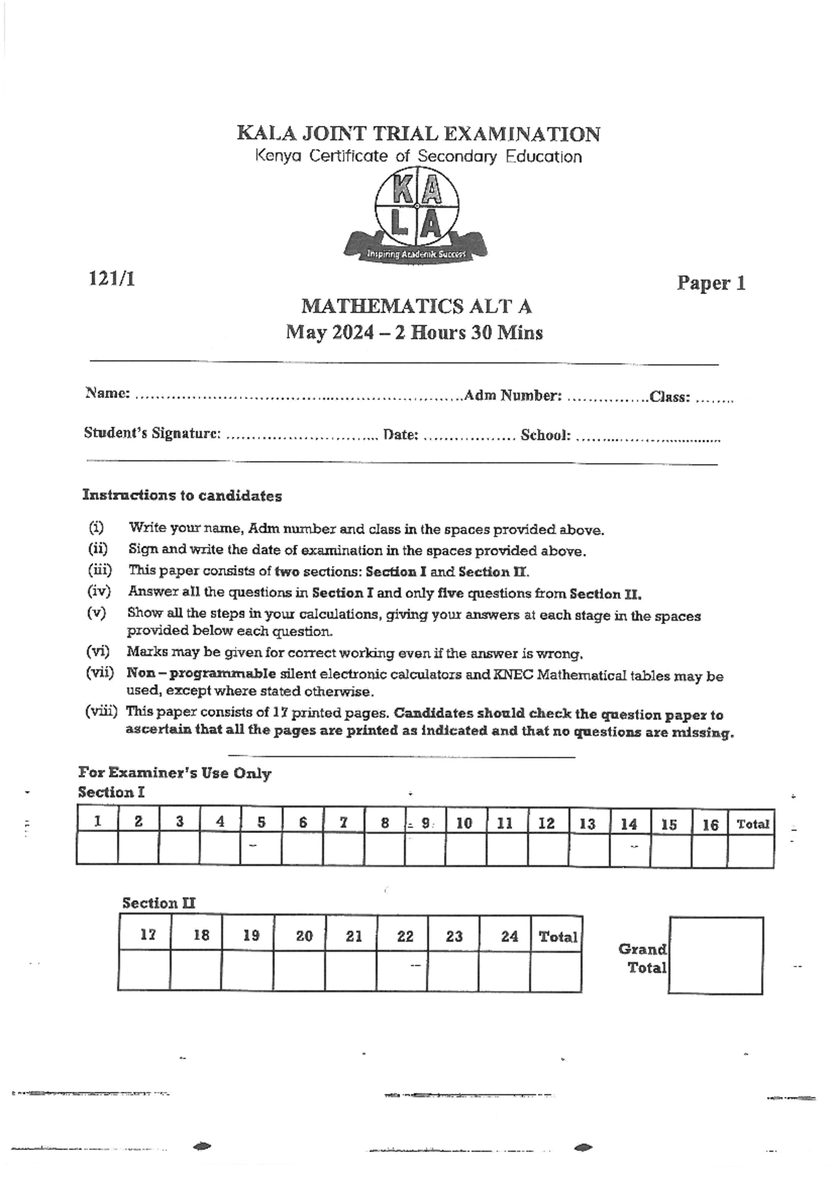 KALA MATH PPI 2024 Final Exam Marking Scheme - Studocu