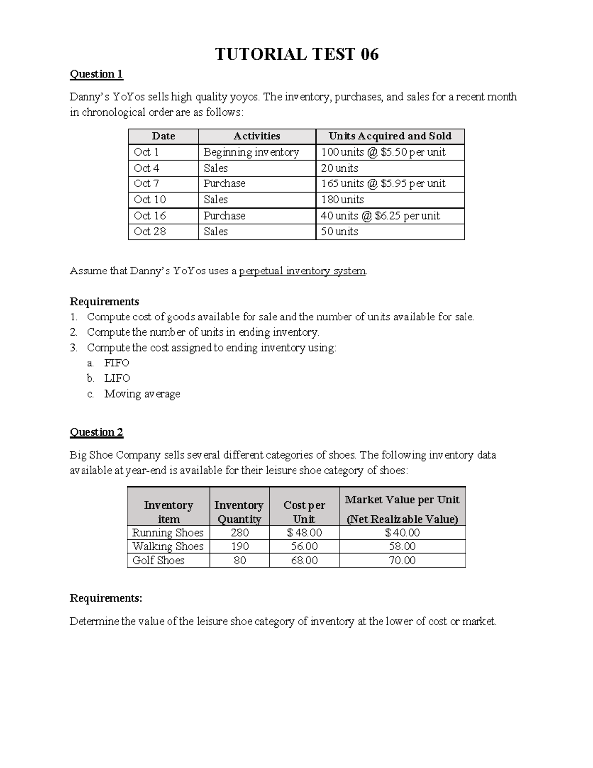 TT06 Tutorial Test 06: Inventory Valuation & Analysis Questions - Studocu