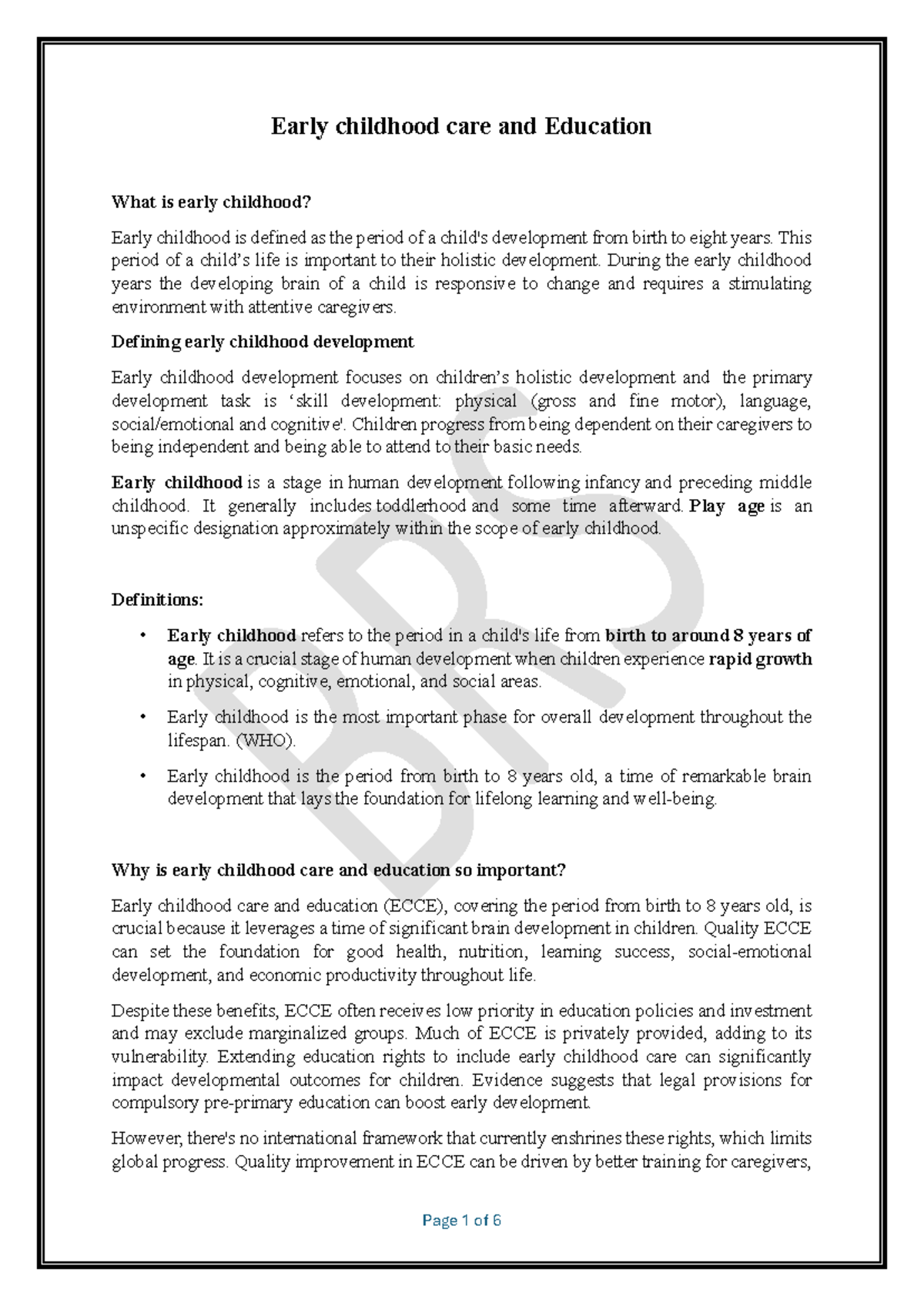 Early Childhood Care and Education (ECCE) Overview and Importance - Studocu