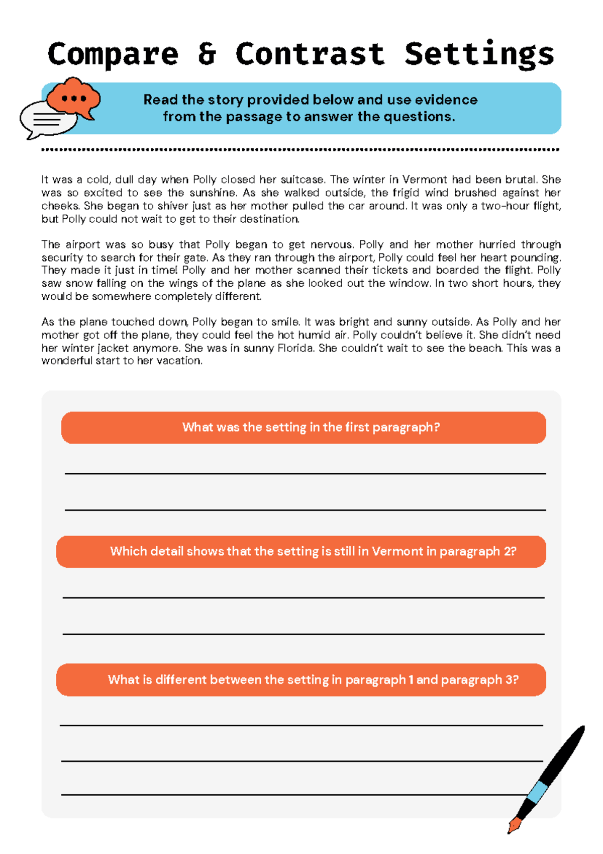 Compare Two or More Settings in a Story Worksheet in Flat Graphic Style ...
