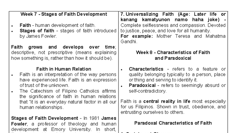REED Midterm: Stages of Faith Development and Characteristics - Studocu