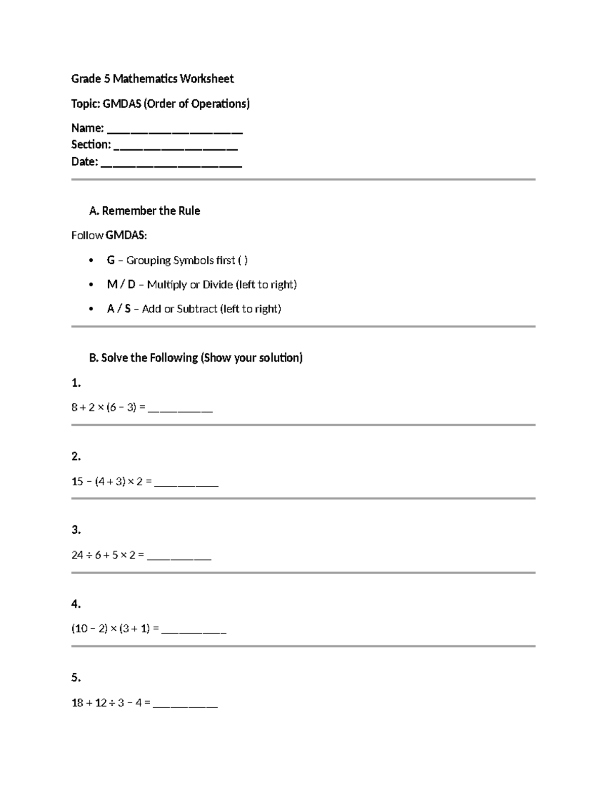 Grade 5 Math Worksheet: GMDAS Order of Operations - Studocu