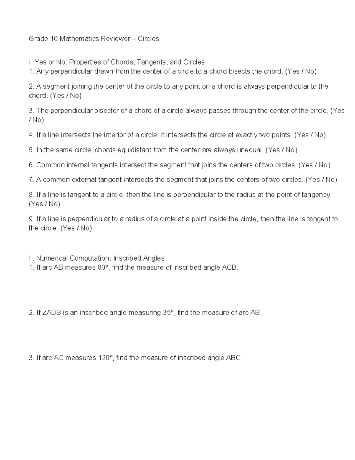 Grade 10 Math Reviewer: Circles & Chords (3rd Quarter 643416) - Studocu