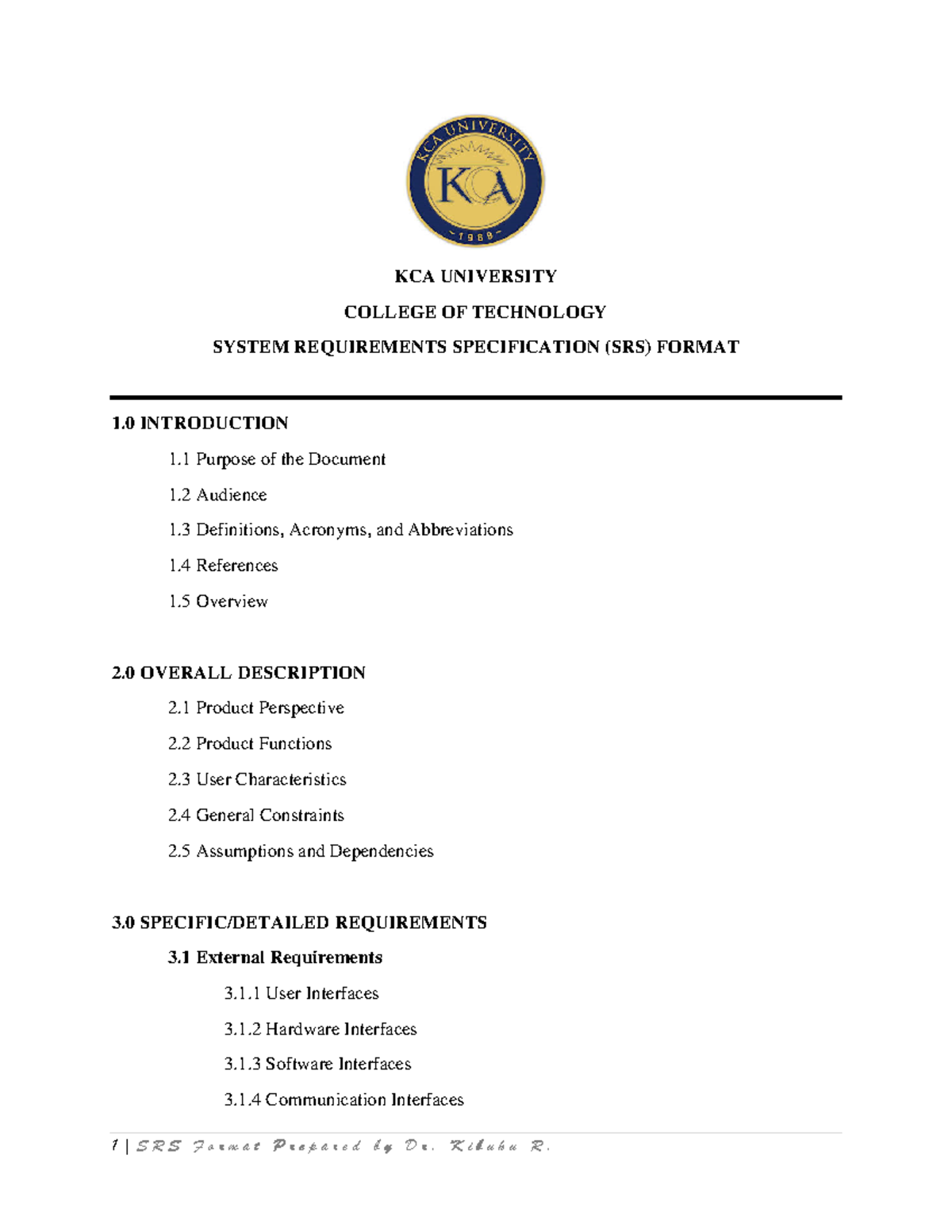 SRS Format Guidelines for Coursework - KCA University - Studocu
