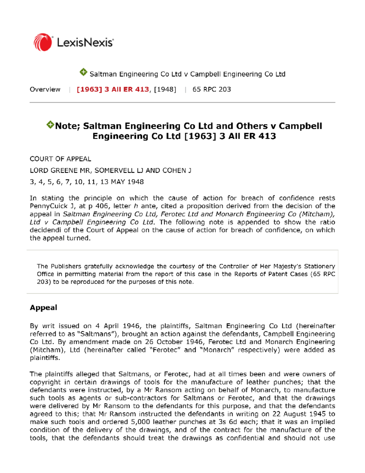 Saltman Engineering Co Ltd v Campbell Engineering Co Ltd - Case ...
