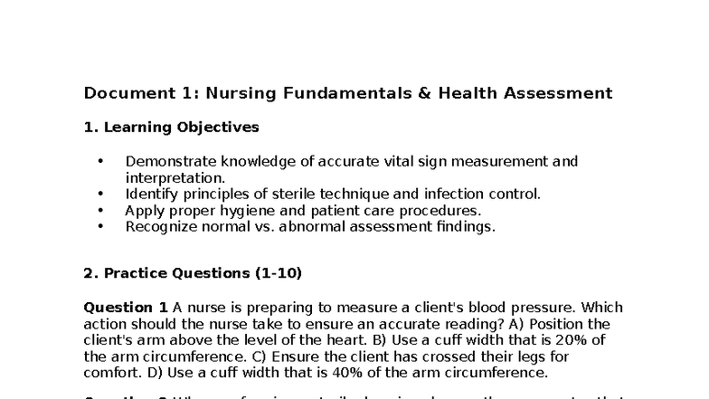 NUR 101: Health Assessment Fundamentals & Practice Questions - Studocu